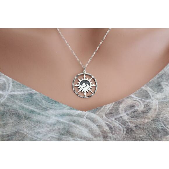 Sterling Silver Compass Pendant with Mountain Center Charm Necklace - Picture 2 of 4